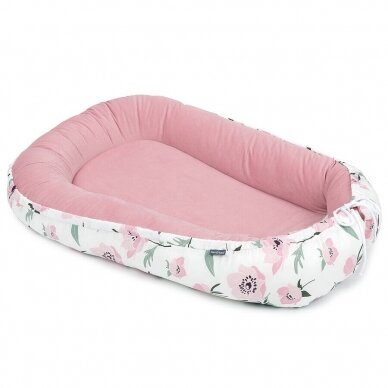 MamoTato baby nest ( cocoon ) - double-sided, velvet, flowers, white / pink